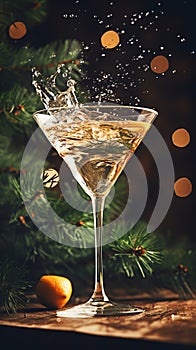 Vintage bohemian crystal glass with a vermouth drink. Christmas greeting card concept. AI generated image