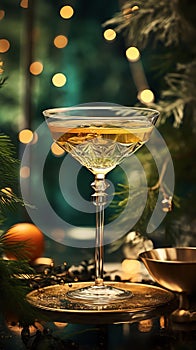 Vintage bohemian crystal glass with a vermouth drink. Christmas greeting card concept. AI generated image