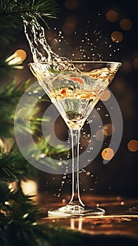 Vintage bohemian crystal glass with a vermouth drink. Christmas greeting card concept. AI generated image