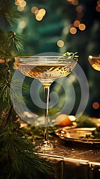 Vintage bohemian crystal glass with a vermouth drink. Christmas greeting card concept. AI generated image