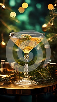 Vintage bohemian crystal glass with a vermouth drink. Christmas greeting card concept. AI generated image