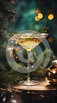 Vintage bohemian crystal glass with a vermouth drink. Christmas greeting card concept. AI generated image