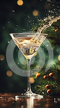 Vintage bohemian crystal glass with a vermouth drink. Christmas greeting card concept. AI generated image