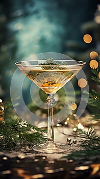 Vintage bohemian crystal glass with a vermouth drink. Christmas greeting card concept. AI generated image