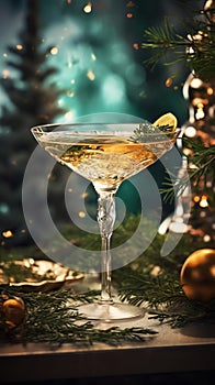 Vintage bohemian crystal glass with a vermouth drink. Christmas greeting card concept. AI generated image