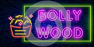 Vintage bollywood movie signboard. Glowing retro indian cinema neon vector sign. Illustration of bollywood cinema signboard