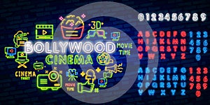 Vintage bollywood movie signboard. Glowing retro indian cinema neon vector sign. Illustration of bollywood cinema signboard