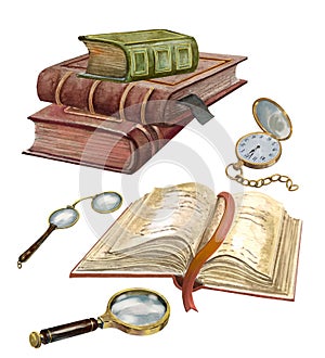Vintage book antique pocket watch, magnifying glass and pince-nez, watercolor illustration