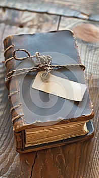 Vintage book with blank tag, concept of originality in literature, rustic wood