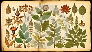 Vintage book with drawings of plants on old stained paper.