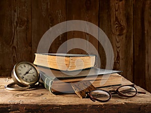 Vintage book, glasses and watches