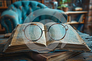 Vintage book and glasses on wooden table