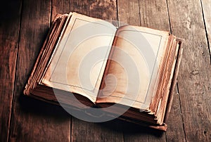 Vintage book, open, on old wooden table, with clipping path. Open Book blank on old wooden background. book with blank pages