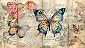 Vintage book page with butterfly, stamperia, watercolor style art, beautiful antique vintage page old paper