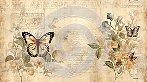 Vintage book page with butterfly, stamperia, watercolor style art, beautiful antique vintage page old paper