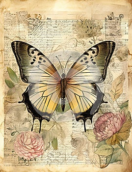 Vintage book page with butterfly, stamperia, watercolor style art, beautiful antique vintage page old paper