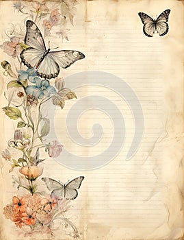 Vintage book page with butterfly, stamperia, watercolor style art, beautiful antique vintage page old paper