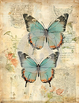 Vintage book page with butterfly, stamperia, watercolor style art, beautiful antique vintage page old paper