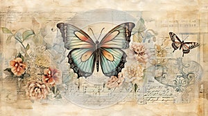 Vintage book page with butterfly, stamperia, watercolor style art, beautiful antique vintage page old paper