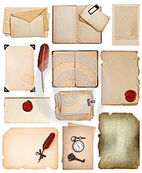 Vintage book pages, cards, photos, pieces isolated on white