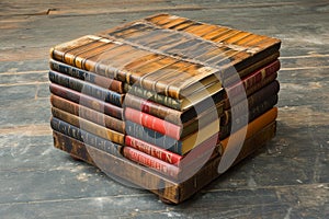 Vintage book stack on wooden table