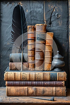 Vintage books stacked beside a quill and ink pot set against a dark wooden backdrop, evoking the nostalgia of historical