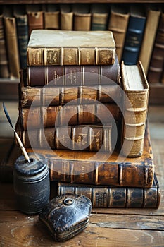 Vintage books stacked beside a quill and ink pot set against a dark wooden backdrop, evoking the nostalgia of historical