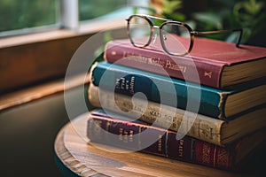 Vintage books stacked with reading glasses on top