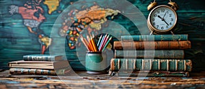 Vintage books stacked on a wooden table with colorful pencils and an alarm clock against a world map backdrop