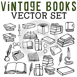Vintage Books Vector Set with single books, open books, stacked books, candles, glasses, quills, newspapers, and ink.