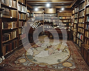 Vintage Bookstore with Antique Maps of the World Fading into Shelves