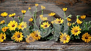 Vintage Border Design with Yellow Flowers on Wooden Background - Spring/Summer Floral Concept