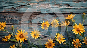 Vintage Border Design with Yellow Flowers on Wooden Background - Spring/Summer Floral Concept