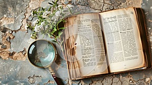 A vintage botanical book lies open beside fragrant blooms, with an antique magnifying glass, on a textured background