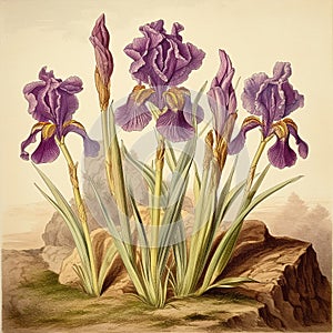 Vintage botanical image, superb bunch of iris flowers