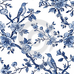 Vintage Botanical seamless pattern. Toile de Jouy pattern. Blue birds and flowers on a white background. Nature background. photo