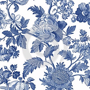 Vintage Botanical seamless pattern. Toile de Jouy pattern. Blue flowers on a white background. Nature background. Wallpaper design photo