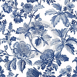 Vintage Botanical seamless pattern. Toile de Jouy pattern. Blue flowers on a white background. Nature background. Wallpaper design photo