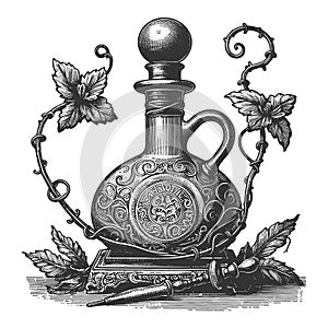 Vintage bottle with absinthe engraving raster