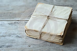 Vintage bound documents on wooden surface