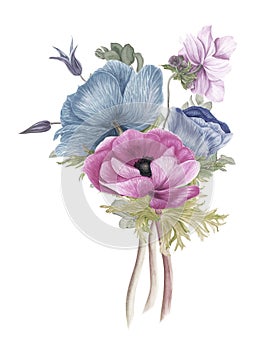 Vintage bouquet of flowers: anemones, clematis and branches of eucalyptus