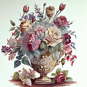 Vintage bouquet of roses in a vase, generative ai illustration