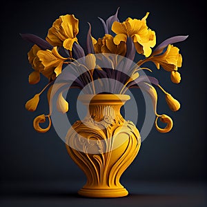 Vintage bouquet of yellow irises in a vase, generative ai illustration