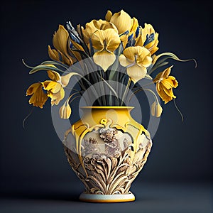 Vintage bouquet of yellow irises in a vase, generative ai illustration