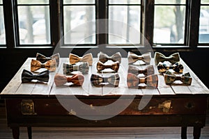 vintage bow ties displayed on an antique table