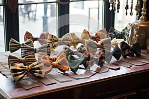 vintage bow ties displayed on an antique table