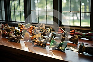 vintage bow ties displayed on an antique table