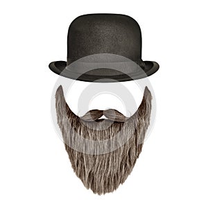 Vintage bowler hat with curly beard and moustache