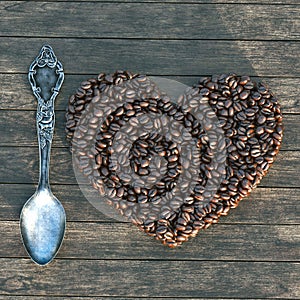 Vintage box with spoon and heart shape coffee beans