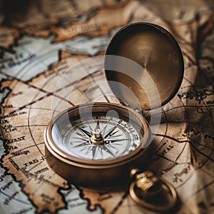 Vintage brass compass on an old world map for historical exploration